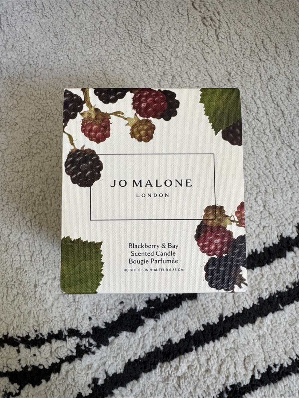 Jo Malone Blackberry & Bay Candle — White with Green and Dark Berry Artwork